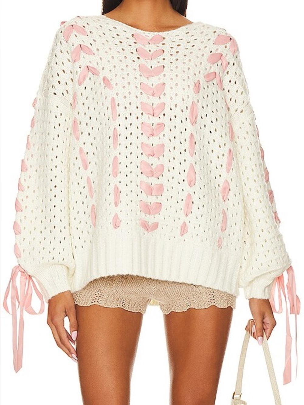 For Love & Lemons Laurel Oversized Sweater with Pink Ribbon Trim